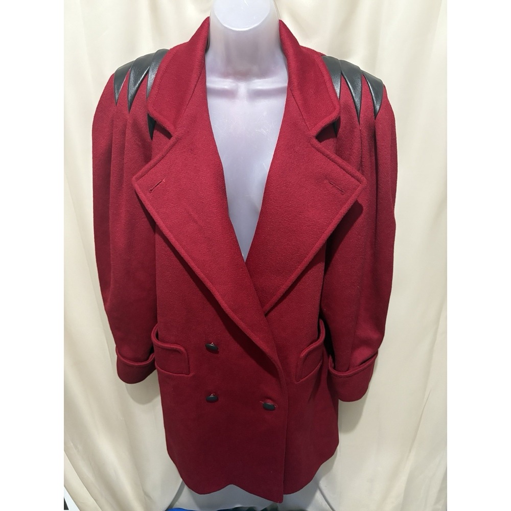 Vintage 80s  Jules Miller New York Red Wool Jacket Leather Trim L